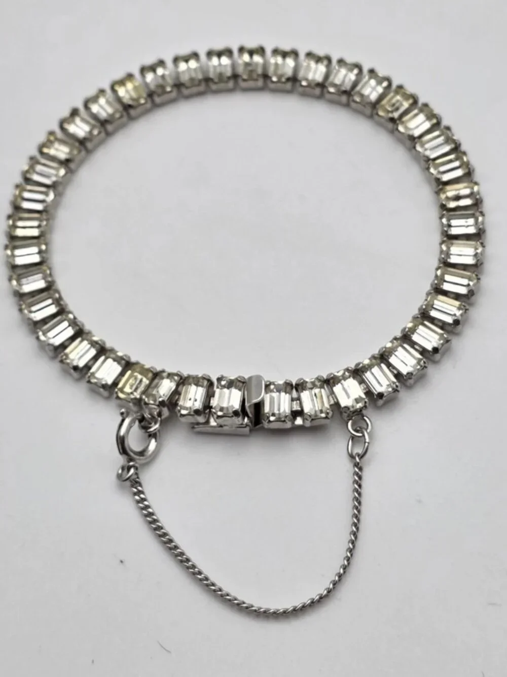 B. David Clear Baguette Rhinestone Tennis Bracelet Silver Tone 6.5in Vintage